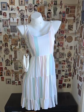 Pastel Stripe Cotton Sundress Tie Strap Tiered